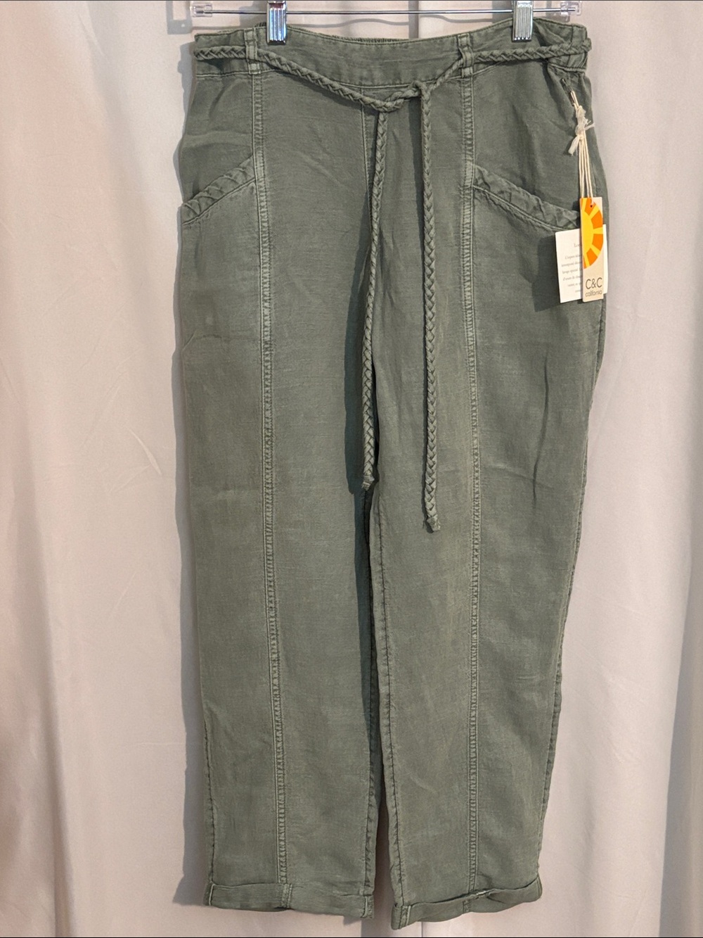 NWT C&C California Boho “Vintage Look” Sage Green Linen Blend Pants